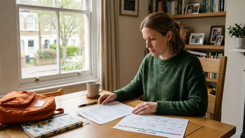 Parents reviewing transit map and travel expenses schedule